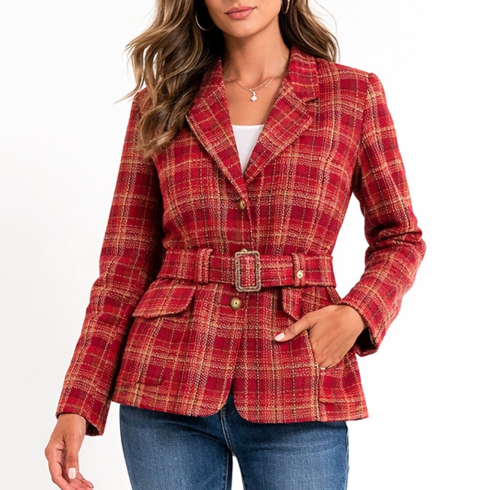 VINTAGE Lizsport 90s Plaid Belted Wool Blend Jacket Shoulder Pads Preppy Retro